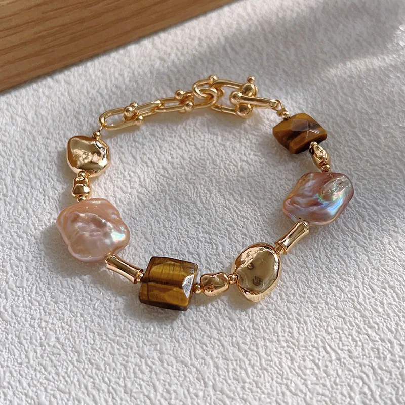 

Натуральный барокко, нерегулярный пресноводный браслет для женщин, высококачественный сахарный куб во французском стиле, тигровый глаз, жемчужный браслет, браслет на руку