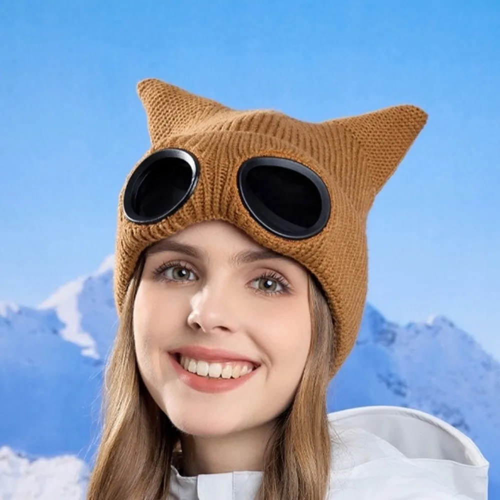 Fashion Warm Winter Beanie Windproof Lining Knitted Goggles Hat Cat Ear Soft Ear Protection Hat for Women