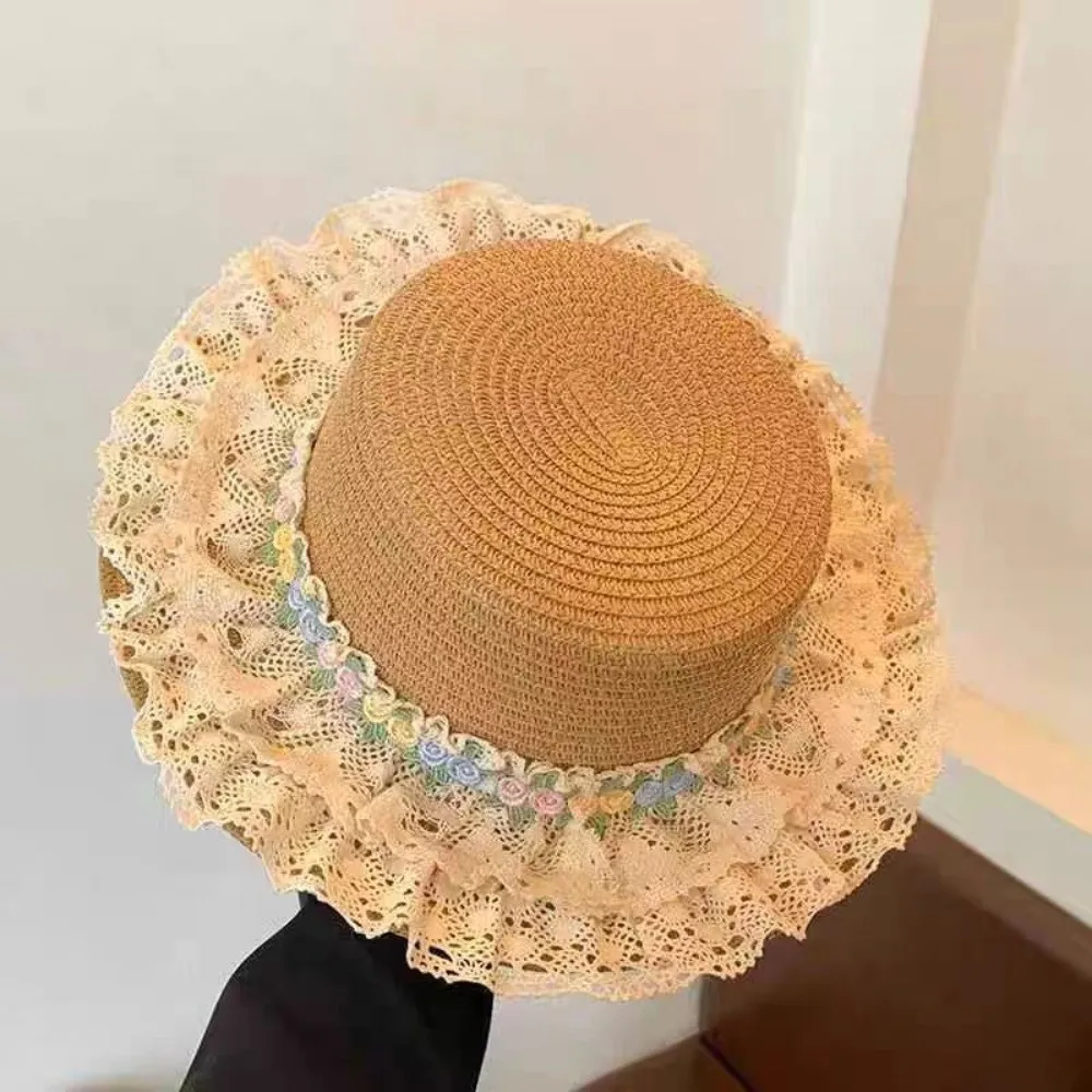 

Sweet Large Brim Straw Sun Hat Sun Protection UV Protection Sun Protection Hat with Lace Trim Beach Sunshade Hat Summer