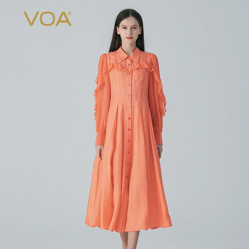 100% Real Mulberry Silk Jacquard Grain Pomelo Orange POLO Collar Long Sleeve Ruffle Decorative Single Breasted Dress AE1880