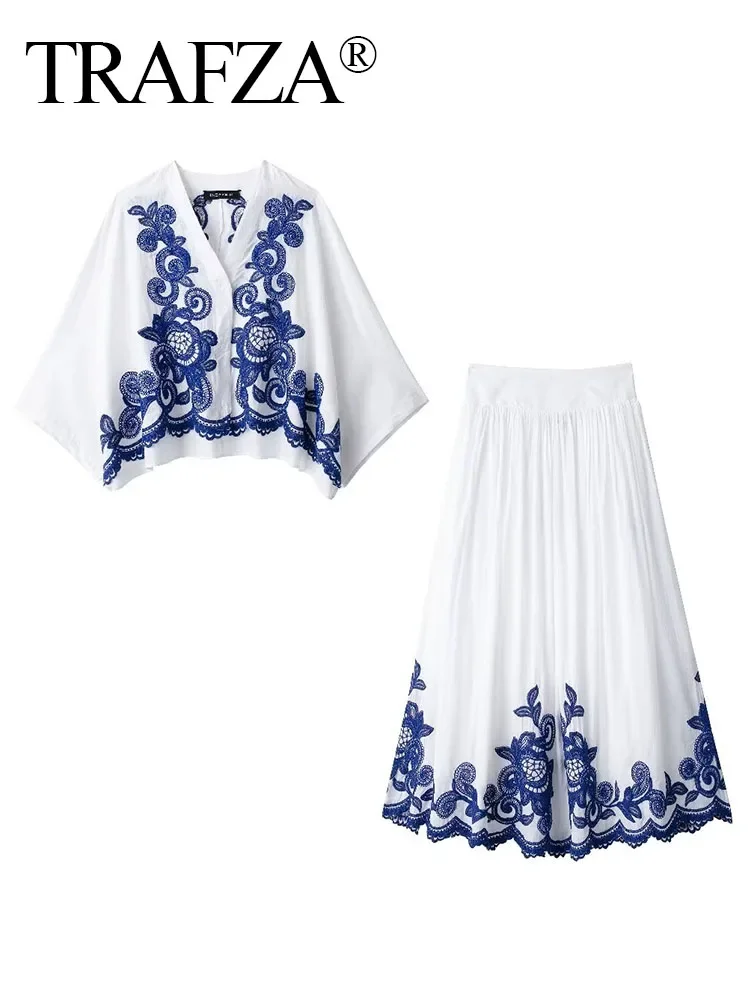 TRAFZA Summer Fashion Female Blue Floral Embroidery 2 Piece Set Long Sleeves V Neck Blouse+Elastic Waist Midi Skirt Holiday Suit