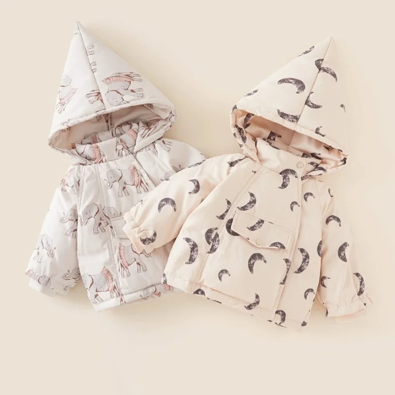 2025 Winter European American Style 1 2 3 4 5 6 8 Years Kids Coat Baby Girl Boy Full Print Duck Down Thickening Hooded Jacket