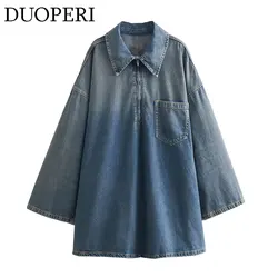 DUOPERI Women Fashion Solid Denim Dress Long Sleeves Female Chic Lady Casual Loose Short Dress