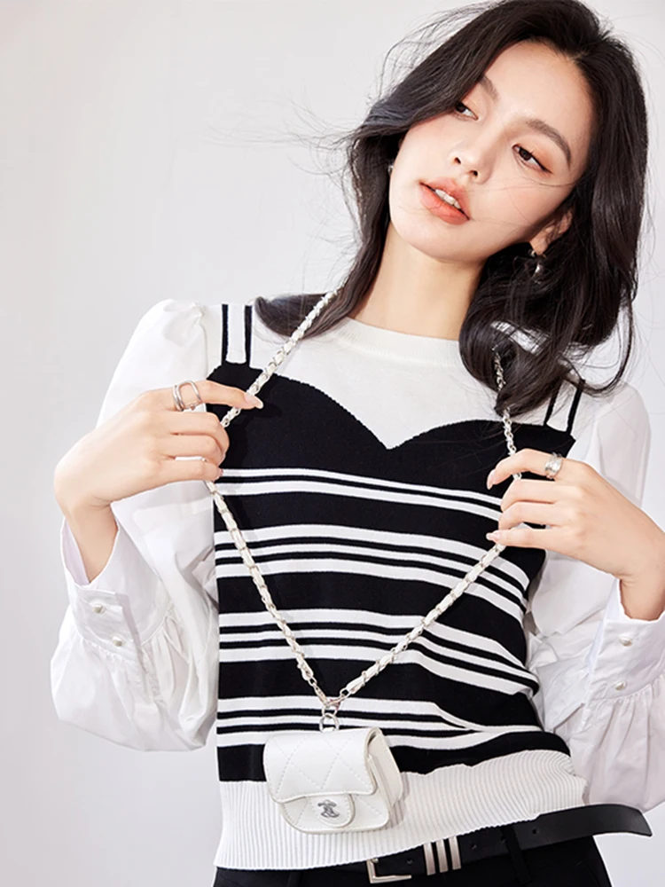 

Chic Design Fake Two-piece Camisole Knitted Sweater for Women's 2024 Autumn New Striped Patchwork Short Tops