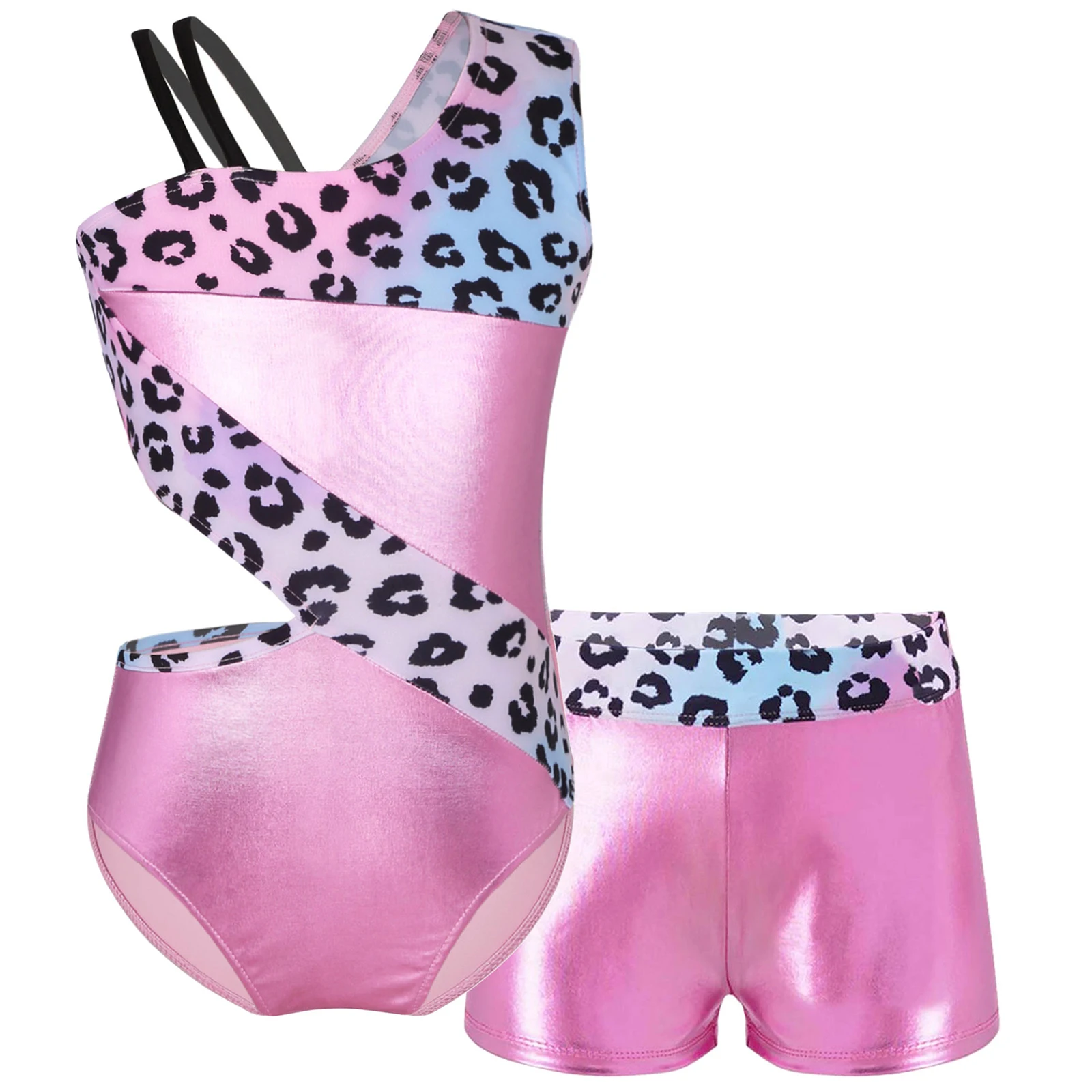 Bambini ragazze ginnastica balletto danza body senza maniche stampato ritaglio tuta con pantaloncini allenamento Stage Performance Dancewear