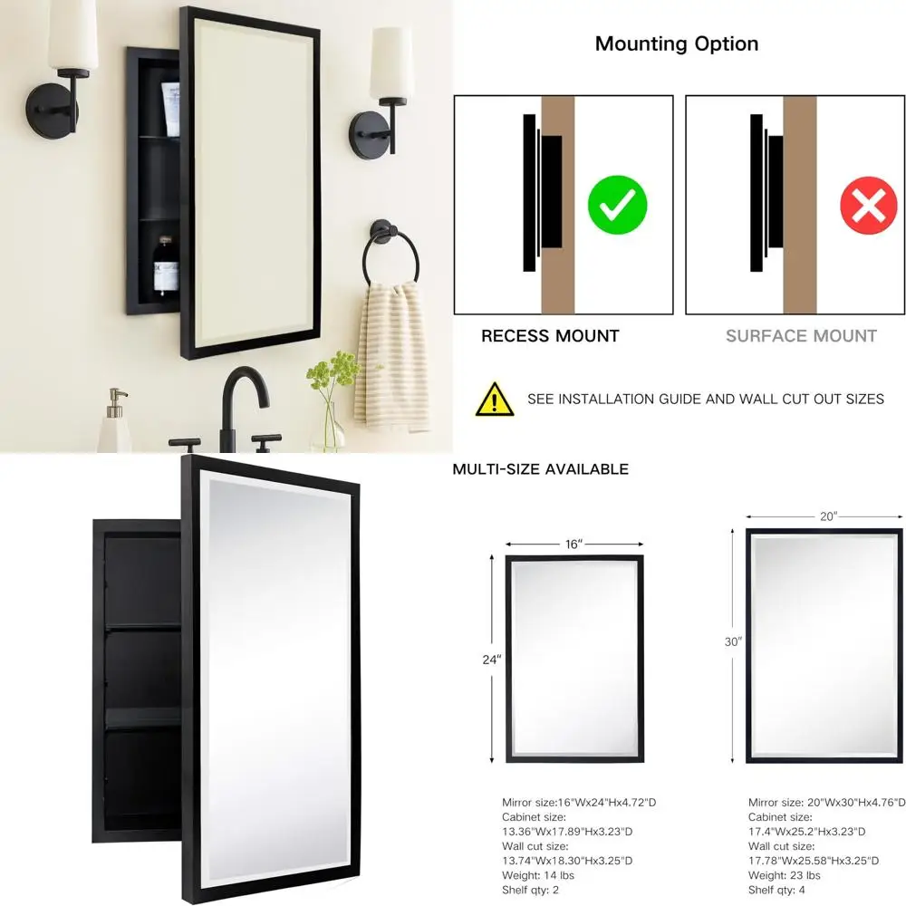 

Rectangular Beveled Mirror Black Metal Frame Recessed Bathroom Medicine Cabinet, Vanity Mirror 16x24 Inches