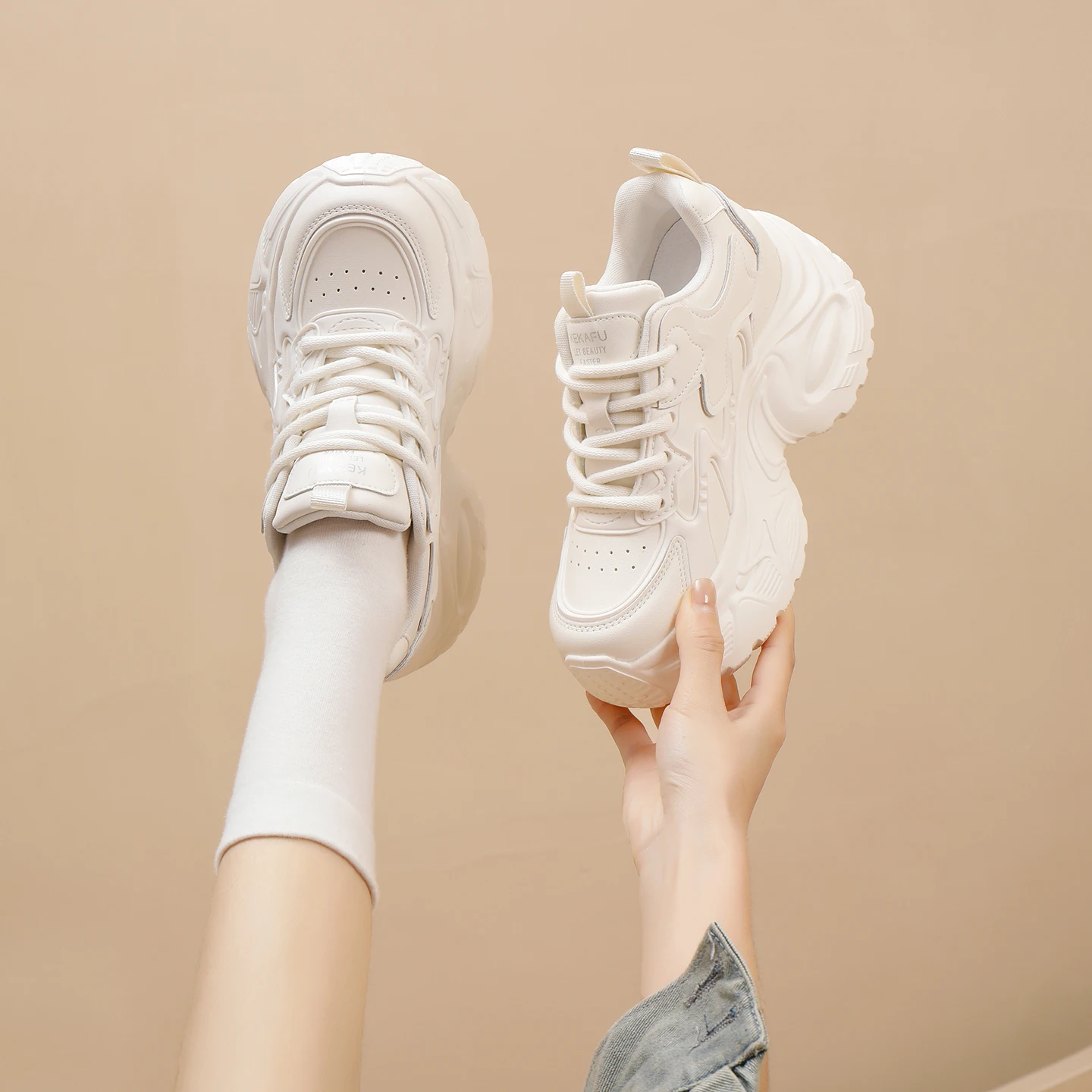 KEKAFU Women's Hidden Height‑increasing Chunky Dad Shoes PU Upper Wave‑shaped Platform Sneakers Comfort Soft‑soled Lace‑up Daily