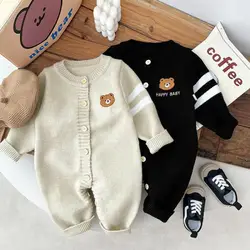 2024 Spring New Baby Long Sleeve Knitted Romper Boy Girl Newborn Cartoon Bear Casual Clothes Infant Sweater Jumpsuit 0-24M