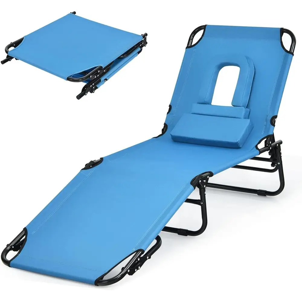 

Adjustable Beach Lounge Chair with Padded Pillow, Ideal for Sunbathing and Poolside Relaxation, Up to 330 LBS, Ready to Use, Blu