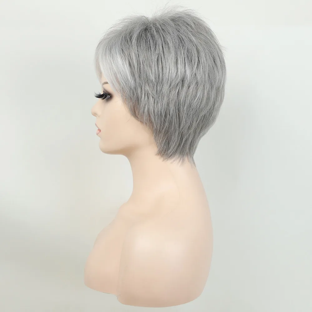 Lady Short Wigs Natural Synthetic Straight Woman Hair Wig Silver Ombre Gray with Bangs Heat Resistant Fashion Daily Use Wigs