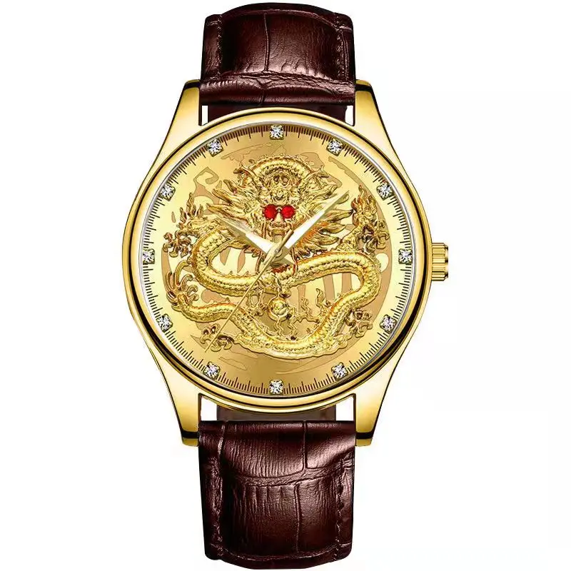 WOKAI high quality men\'s leisure belt quartz watch luminous waterproof commercial waterproof clock Golden Dragon Chinese style