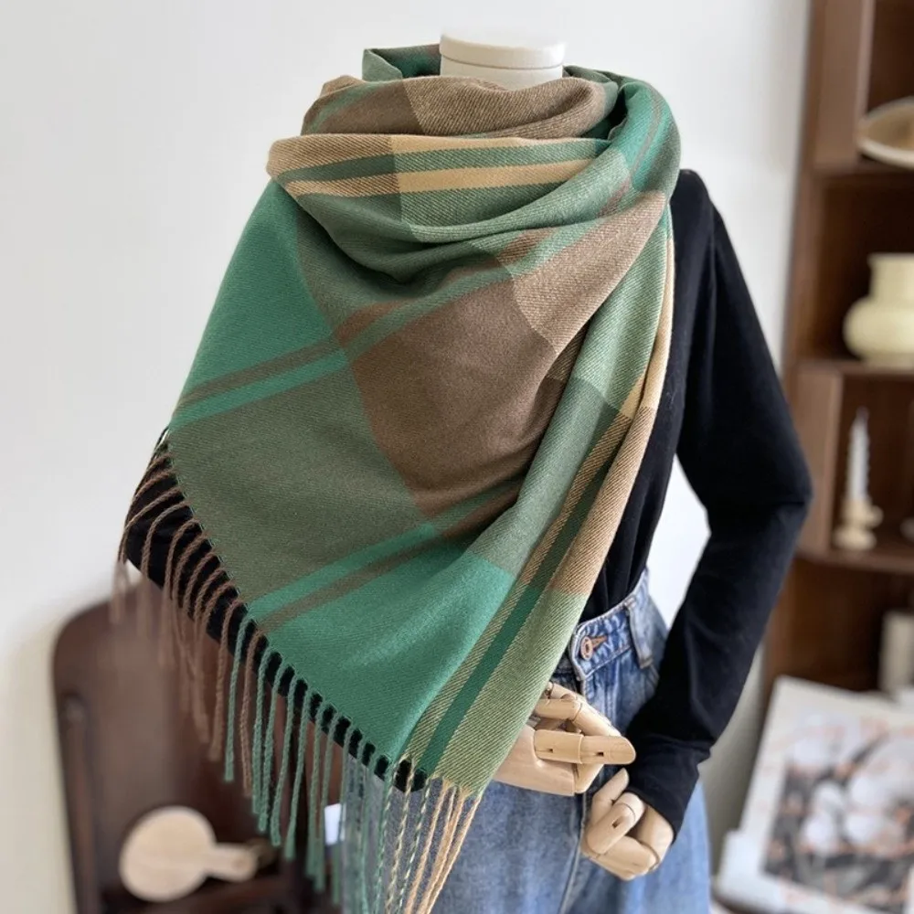 

Casual Windproof Plaid Scarf Thick Keep Warm Imitation Cashmere Shawl Tassel Korean Style Shawl Wrap Apparel Accessories