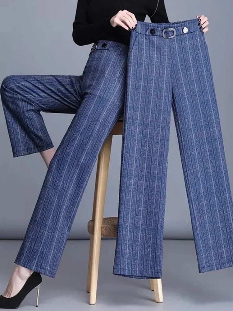 Oversize 4xl Plaid Office Straight Pants Korean Fashion Women Formal Wide Leg Pantalones Casual OL High Waist Trousers New