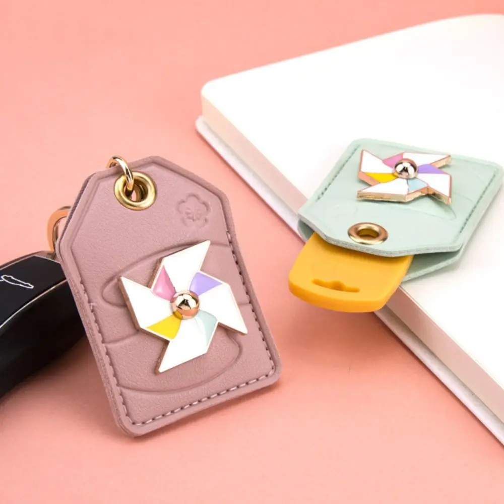 Leather Rotating Windmill Keychain Creative Cute Winnower Access Card Holder Funny Keyring Key Protective Case Hanging Accessory