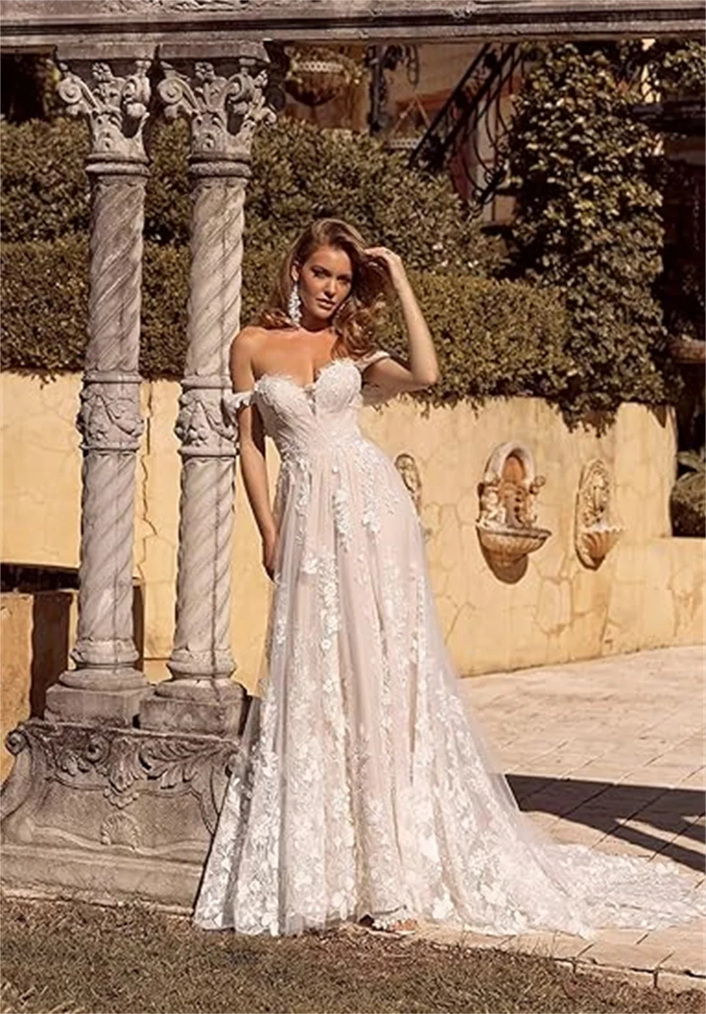 

Customized Off Shoulder Tulle Long Elegant Wedding Dresses For Bride A Line Boho Lace Appliques Sweet Bridal Gowns With Train