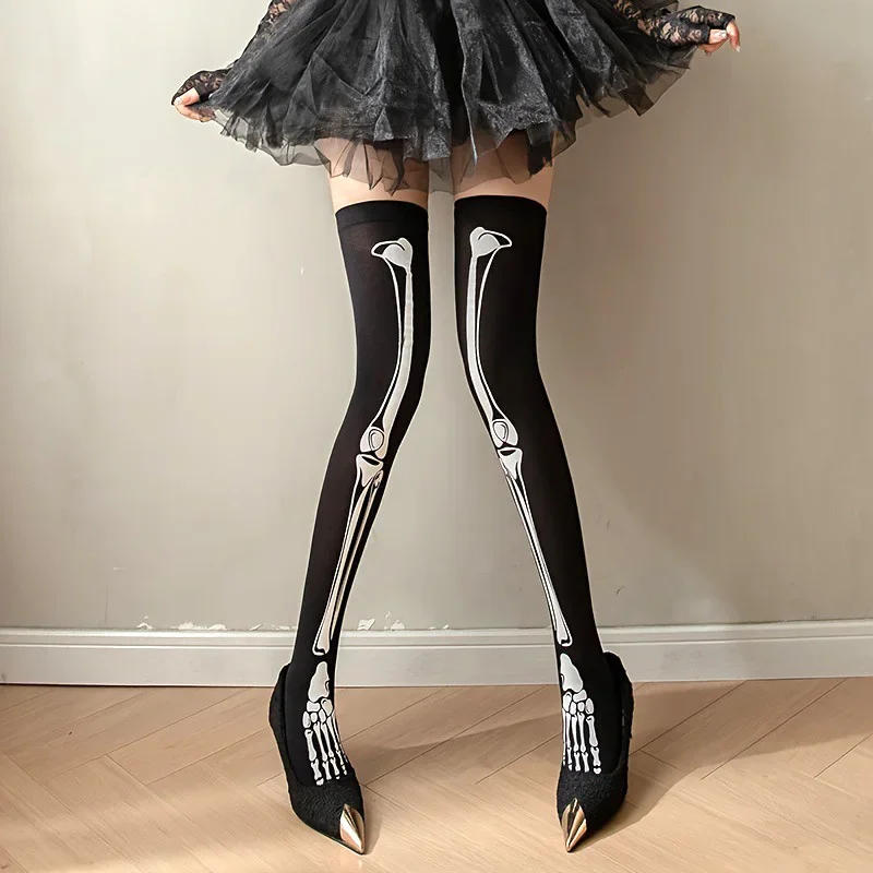 1 Pair Halloween Skeleton Bones Print Socks Y2k Aesthetic Women's Long Socks Casual Slim Gothic Rock Punk Hip Hop Socks Girls view 3