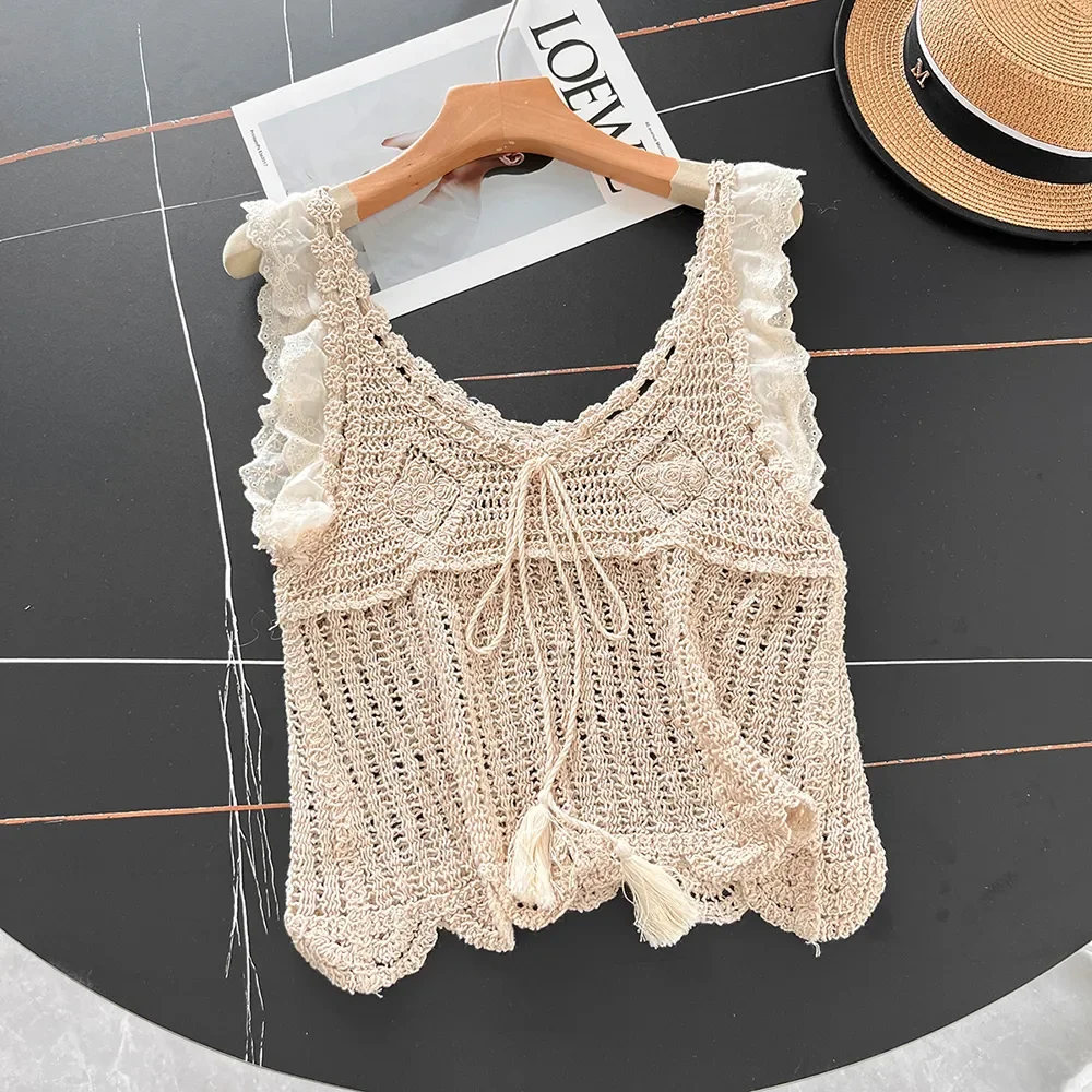 Fringed Crochet Women Tank Top Lace Flutter Sleeve Casual Summer Vacation Bohemian Style Beach Vest