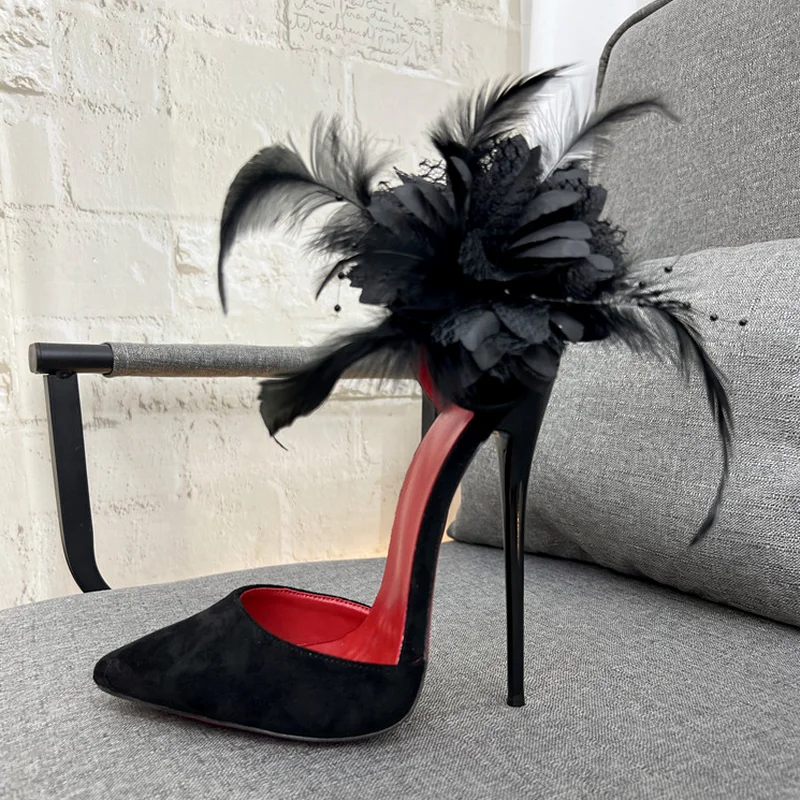 FHC 2024 New Women High Heels,Feather Flower Cross-dressing Cosplay Shoes,Summer Heels,Shallow Out,Black,Red,Customized Colors