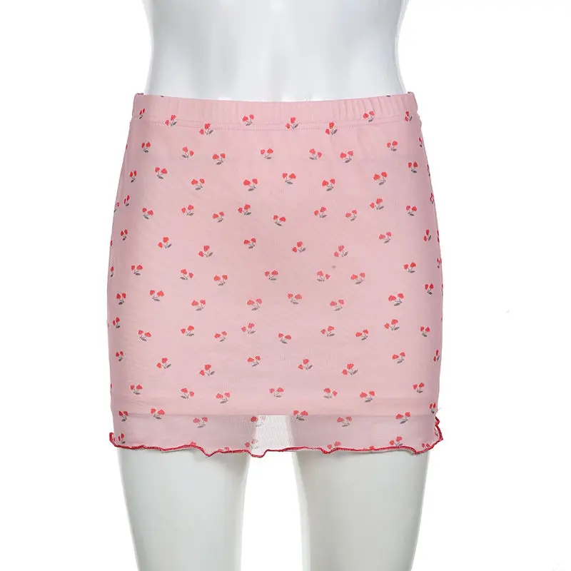 Mini Rok Kersenprint Rechte Y 2K Dames Schattige Hoge Taille Mesh Patchwork Dubbellaags Ruches Korte Rokjes Vrouwen