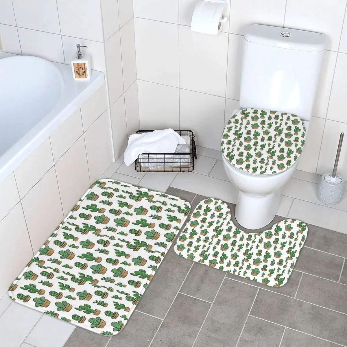 

Цветы кактуса Цветы кактуса Цветочный 3-х предметный коврик для ванной Набор для ванной комнаты Крышка унитаза Домашний декор Нескользящий ковер Напольный коврик