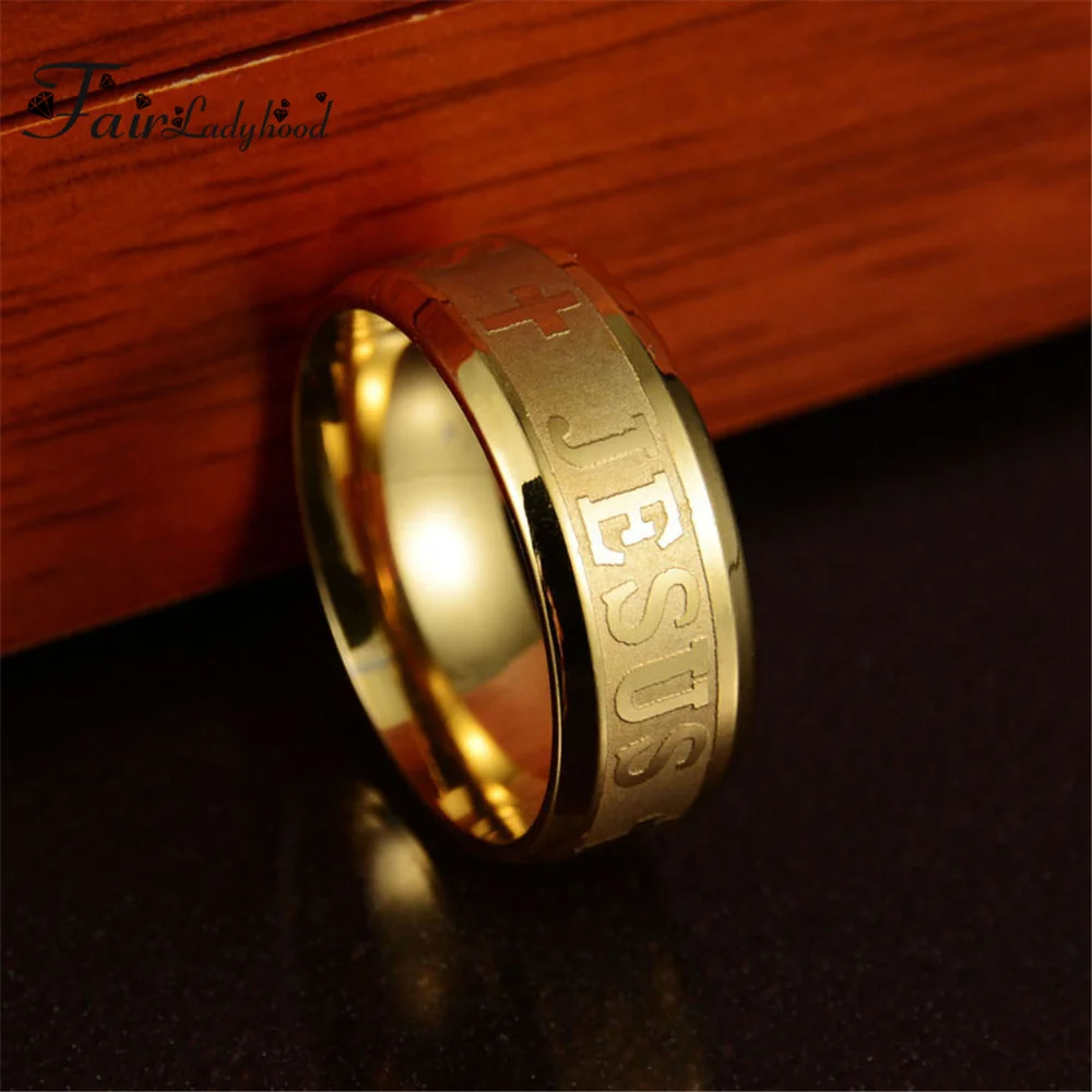 FairLadyHood TOP Quality Catholic 8mm Titanium Steel Silver Color Rose Gold Color Jesus Cross Letter Bible Wedding Band Ring Men