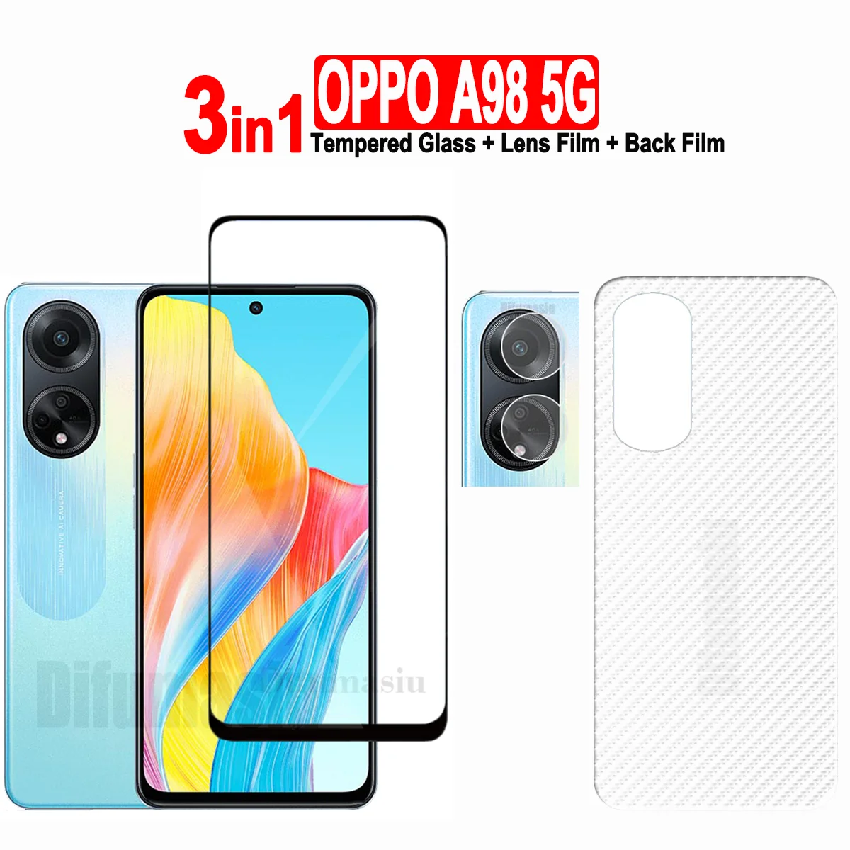 

Tempered Glass OPPO A98 5G / A1 5G, 3in1 Full Screen Protector Camera Lens Film Carbon Fiber Back Film