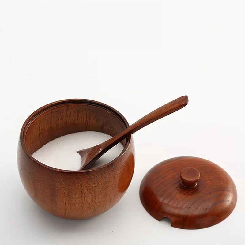 1Pcs/Set Japanese Natural Wood Spice Jar with Lid Fashion Sugar Bowl Salt Jar with Free Spoon Kitchen Accessories