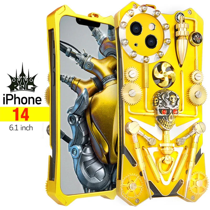 

Original Luxury Armor Metal Aluminum Phone Case For Iphone 14 Iphone14 Pro Max Plus Cover Mechanical Purely Handmade Skull Shell