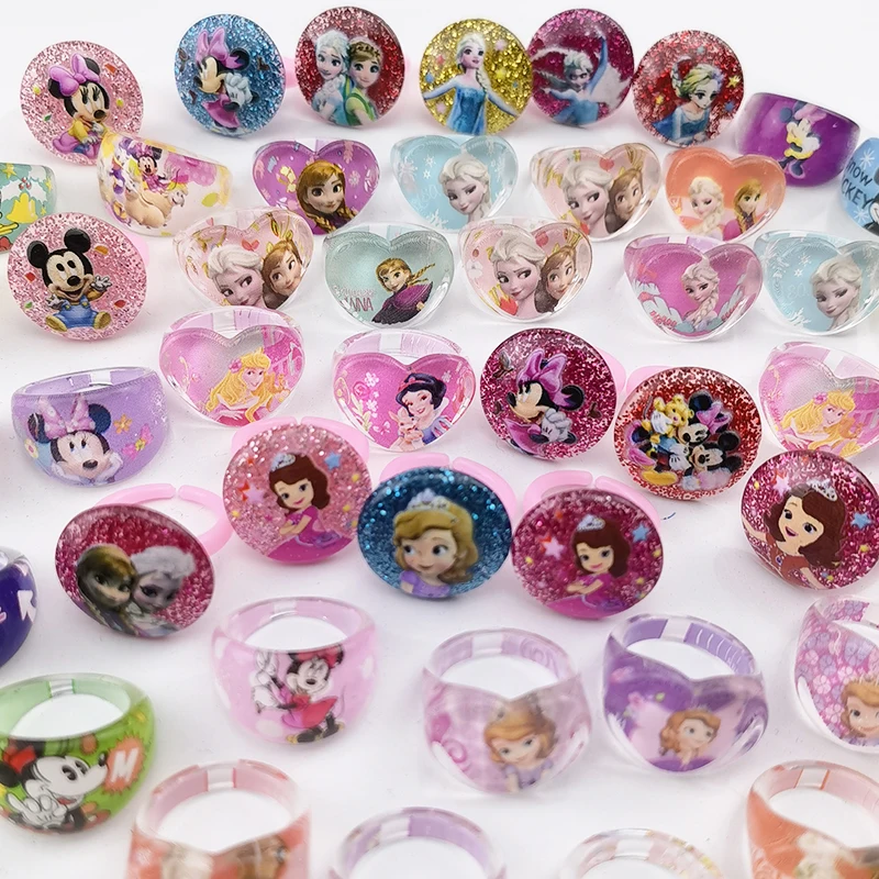 12pcs/lot Acrylic Cartoon Minnie Mouse Elsa Princess Sofia Crystal Kids Finger Rings Party Favors Costume Birthday Party Gifts