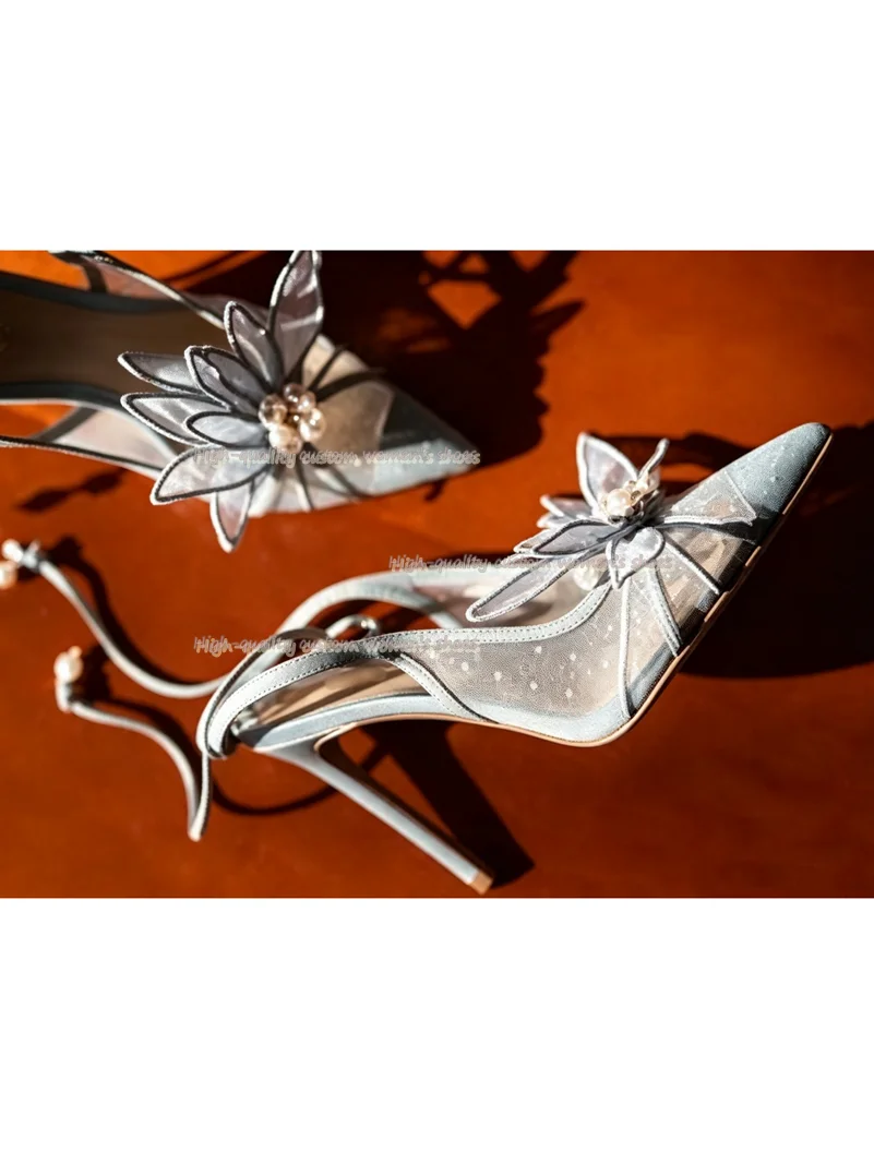 Summer Yellow Mesh Flowers Women's Shoes Lotus Rhinestones Pointed Stilettos Wedding Bride Dinner Sandals Sell Like Hot Cakes