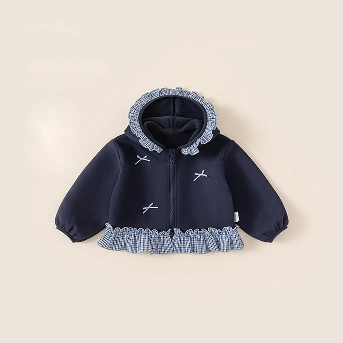 

Autumn Winter Children Hoodies 1-10Y Girls Warm Fleece Hooded Plaid Zipper Sweatshirt Korean Tops Toddler Outerwear Kids Clothes