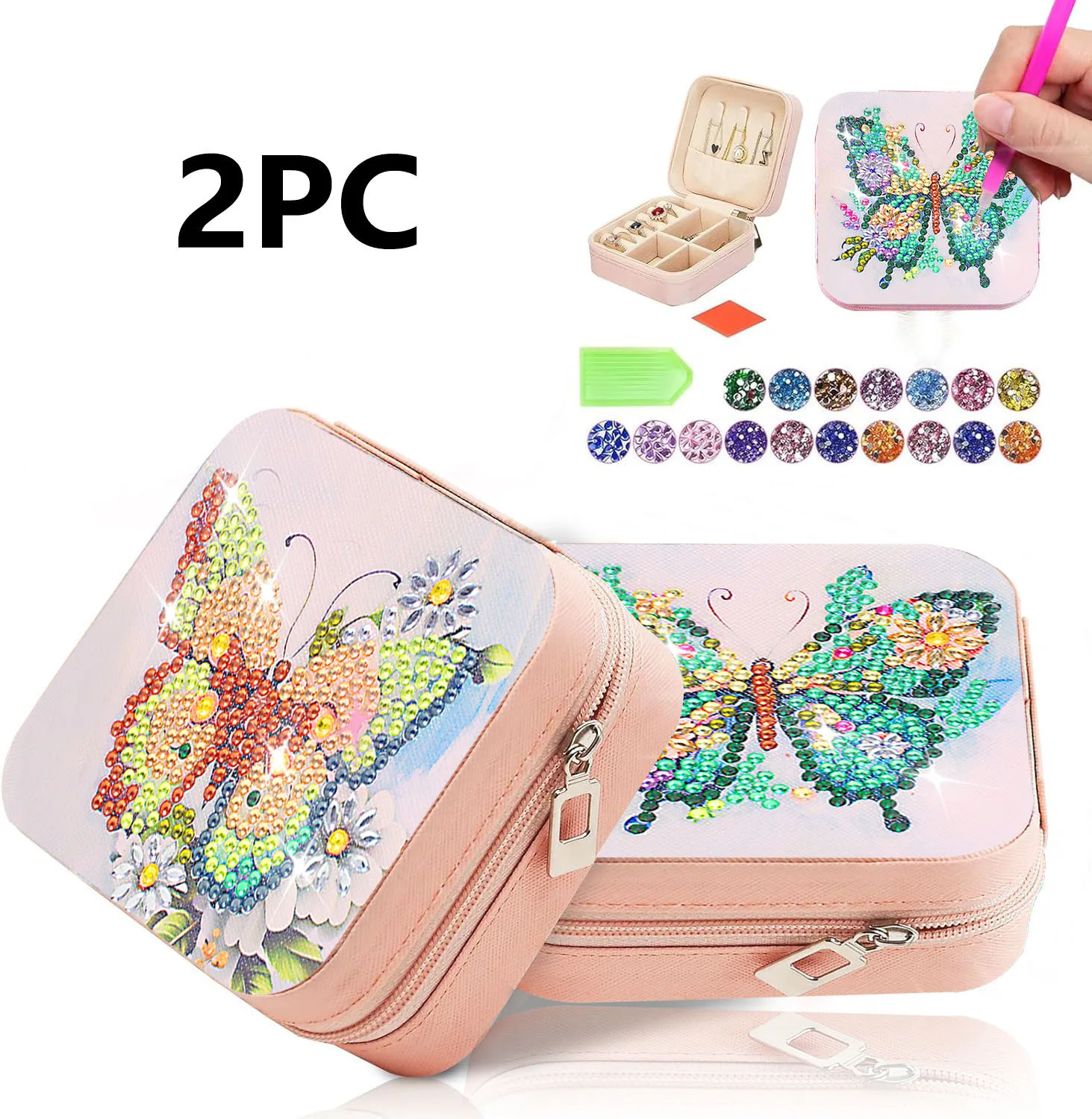 

2 шт. в комплекте шкатулка для драгоценностей с бриллиантами и бабочкой, шкатулка для драгоценностей с бриллиантами, портативный органайзер для ювелирных изделий с бриллиантами