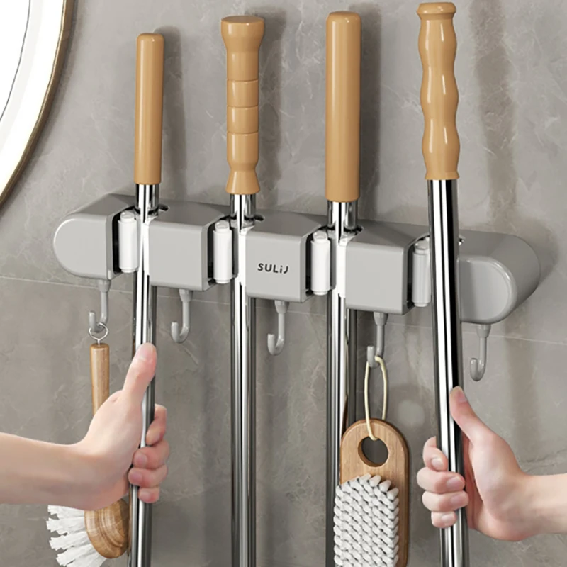 Bathroom Mop Hanger Wall-mounted Bathroom Mop Clip Multi-functional Powerful Punch-free Hanger