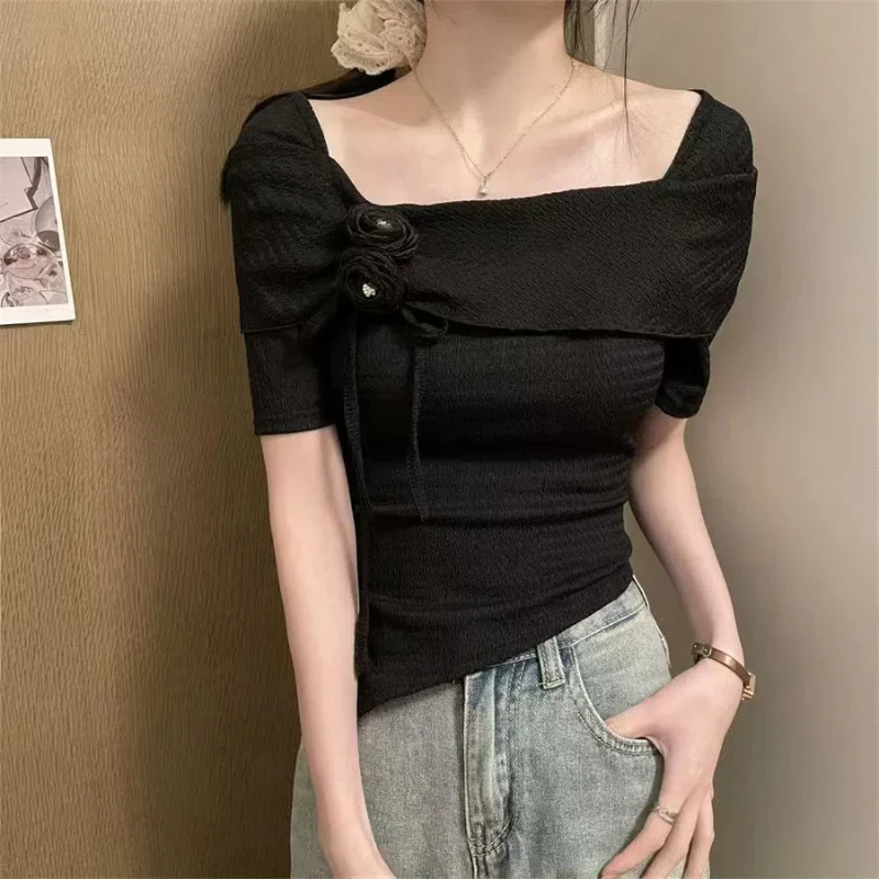 Fashion Irregular Lacing T Shirts Summer New Short Sleeve Solid Color Drawstring Slim Short Tops Tees Sexy Sweet Women Clothing