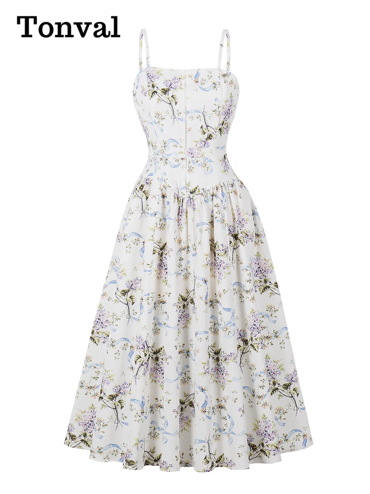 Tonval Abiti longuette a pieghe con stampa floreale a vita alta con cinturino per spaghetti 2025 Abiti estivi per feste di compleanno Abito da ballo senza schienale per donna