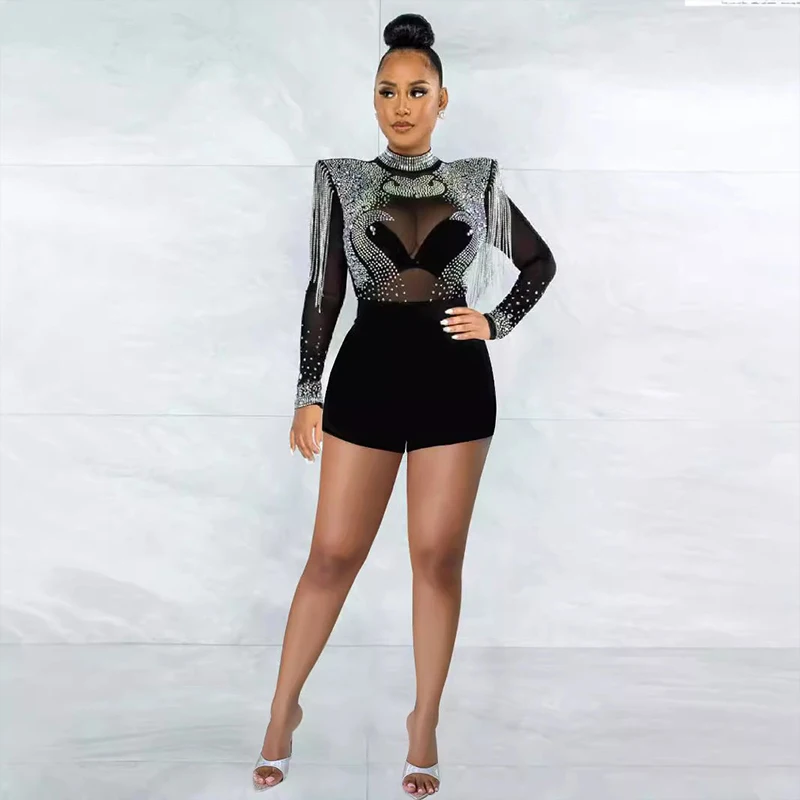

Women's Stage Dinner Jumpsuit Solid color High neck hot Diamond Mesh Shoulder Cotton Long sleeved Party Sexy Jumpsuit Shorts