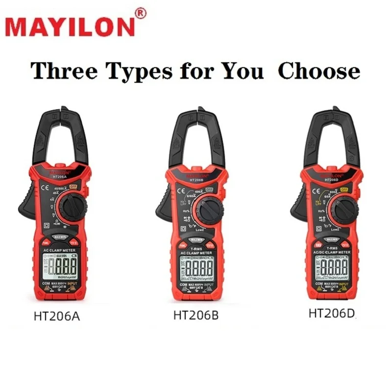 Mayilon  HT206A HT206B HT206D 600A Digital Clamp Meter for Measuring AC/DC Voltage Current NCV Temperature Voltmeter Multimeter