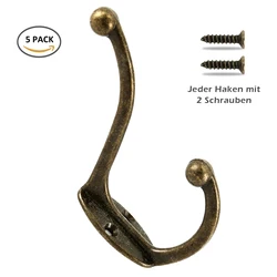 5Pcs Coat Hooks Wall Mounted Dual Coat Rack Retro Copper Clothes Hanger Heavy Duty Door Coat Hooks Non-slip Robe Holder Bedroom