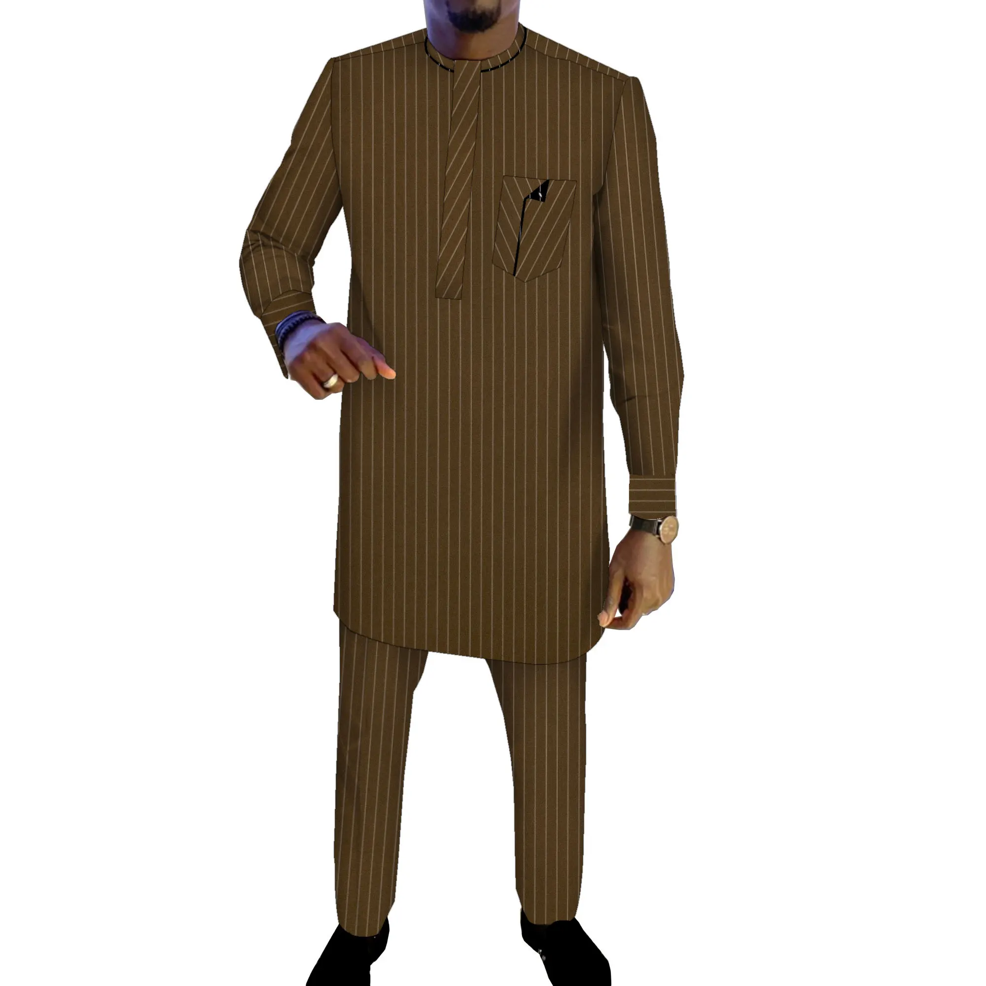 African Men's Striped Suit Dashiki Shirt and Pants African Print Clothing Patchwork Plus Size Men Suit WYNT117