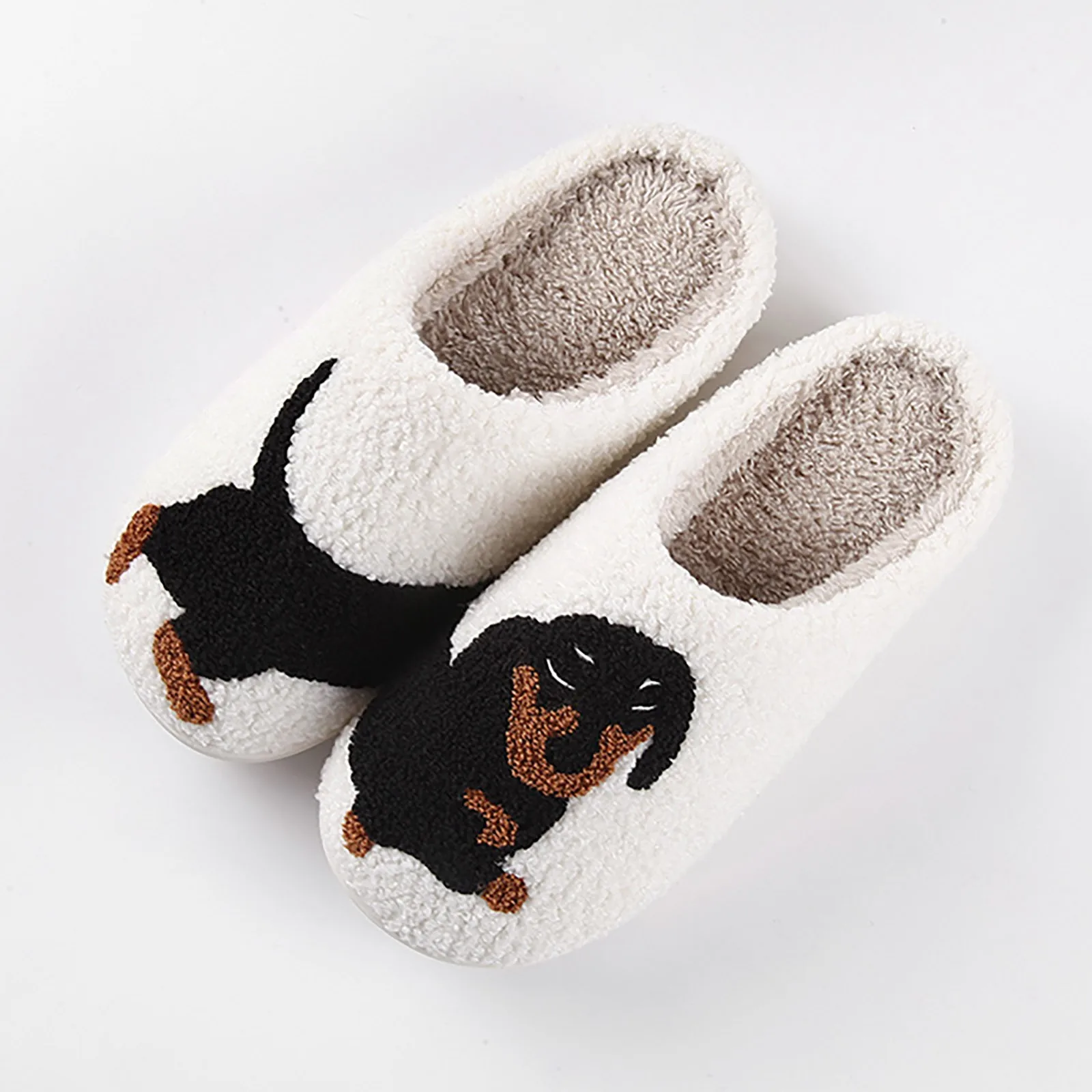 Pet Pattern Dachshund Embroidery Stuffed Home Thick Sole Plaid Furry Cotton Slippers Cute Warm Non-Slip Indoor Slippers Pet Mom