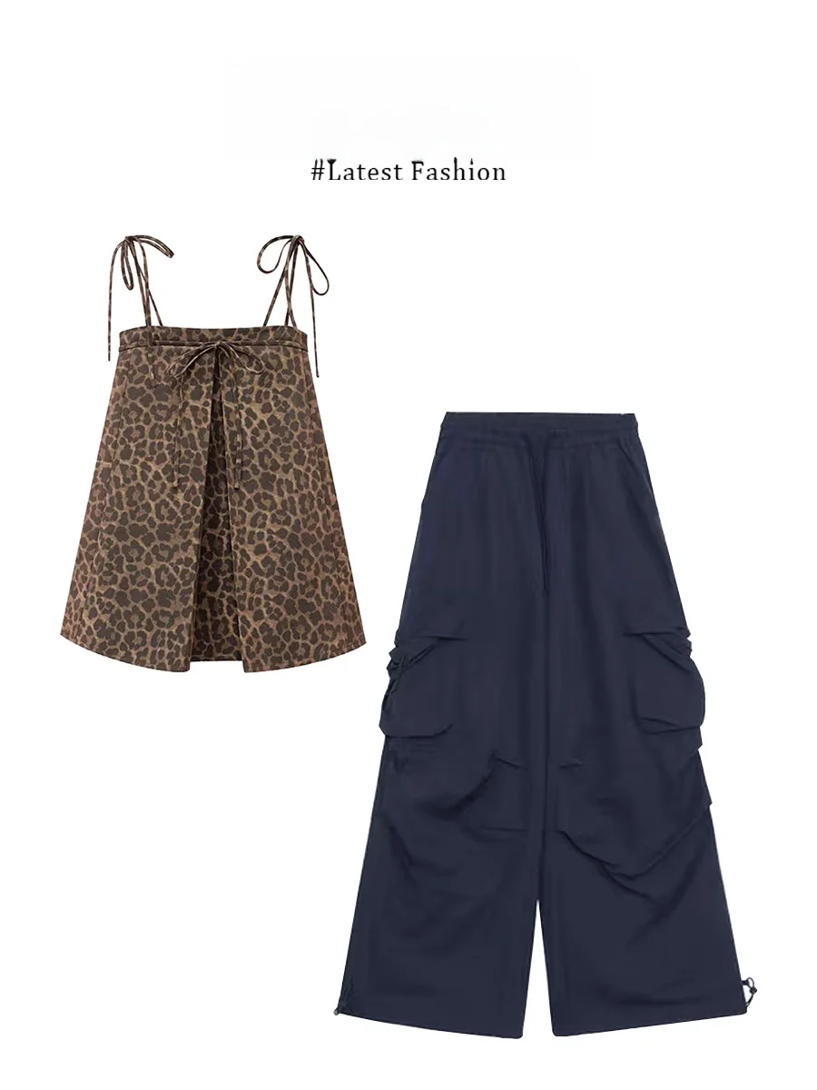 

Parkyeon American Style Hot Girl Leopard Print Tube Top Tank Top Loose Straight Workwear Pants Two Piece Set Women's Fashion