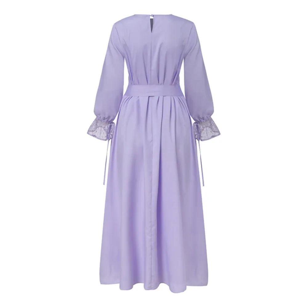 Mooie elegante effen kleur moslim damesjurk retro kant casual lange mouw o-hals losse lange jurk 2025, lentekleding gewaad