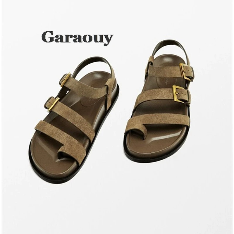 Garaouy Genuine Leather Roman Sandals Summer Outdoor Casual Open Toe Strap Buckle Back Strap Solid Color Fashion Women Sandals