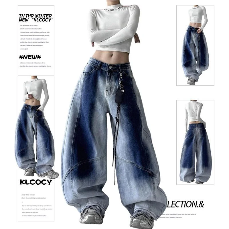 Women's Blue Ombre Washed Denim Pants Chain Detail Wide Leg Casual Trousers