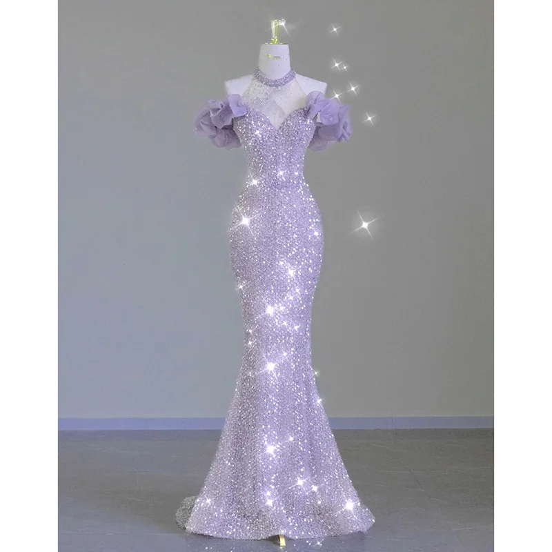 

Neckline Evening Gown 2024 New Style Women's Ball Host Sexy Purple Fish Tail Drinking Dress Polyester Fabric Long Skirt Short...