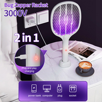 Electric Fly Insect Bug Zapper 2 in 1 Racket Mosquito Killer Fly Swatter Trap USB Rechargeable for Home 3000V UV Light Bug