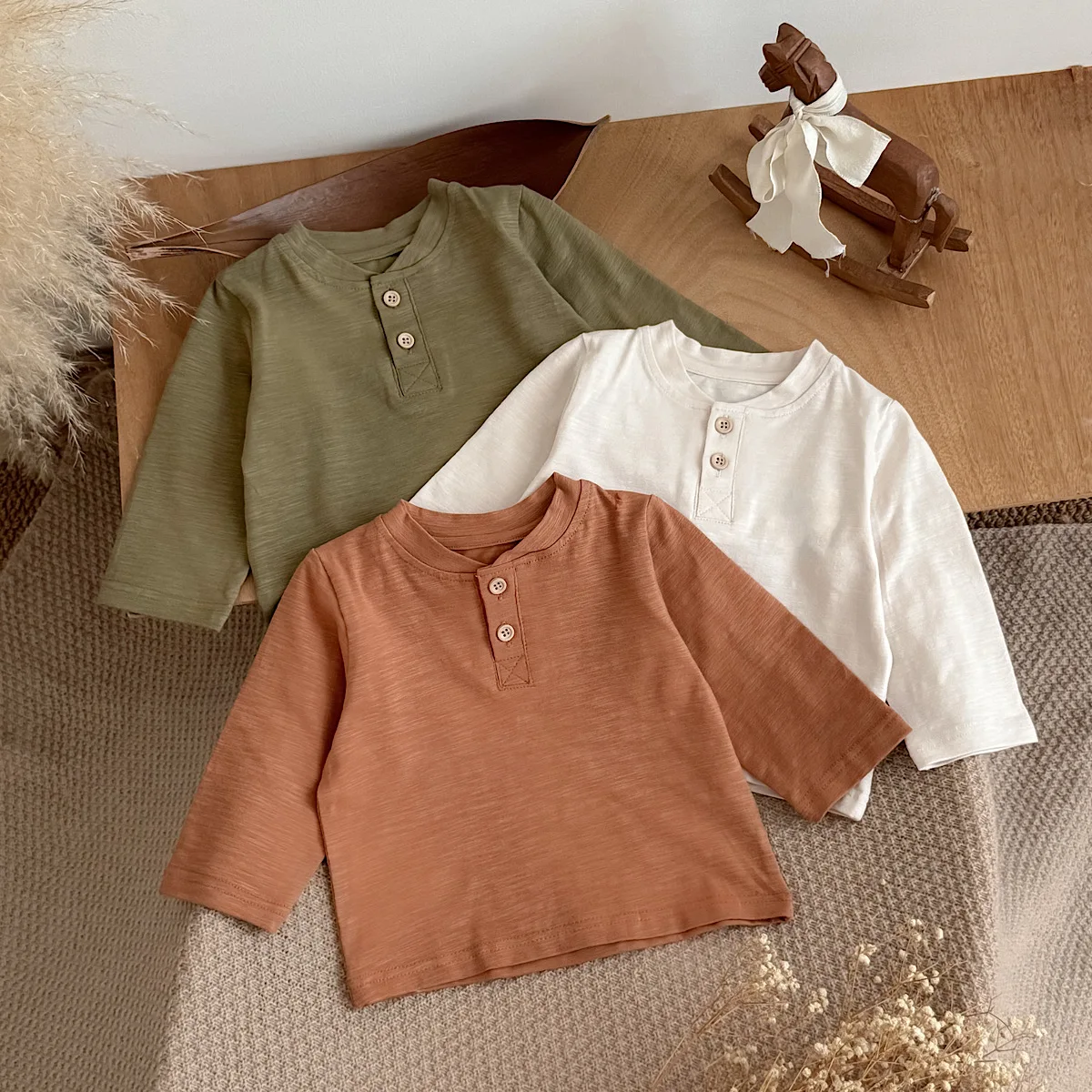 3Pcs Infant Solid Color Long Sleeve Shirts Unisex Baby Bamboo Cotton Henley Tee Set Front Button Casual Basic Tops for Toddler B