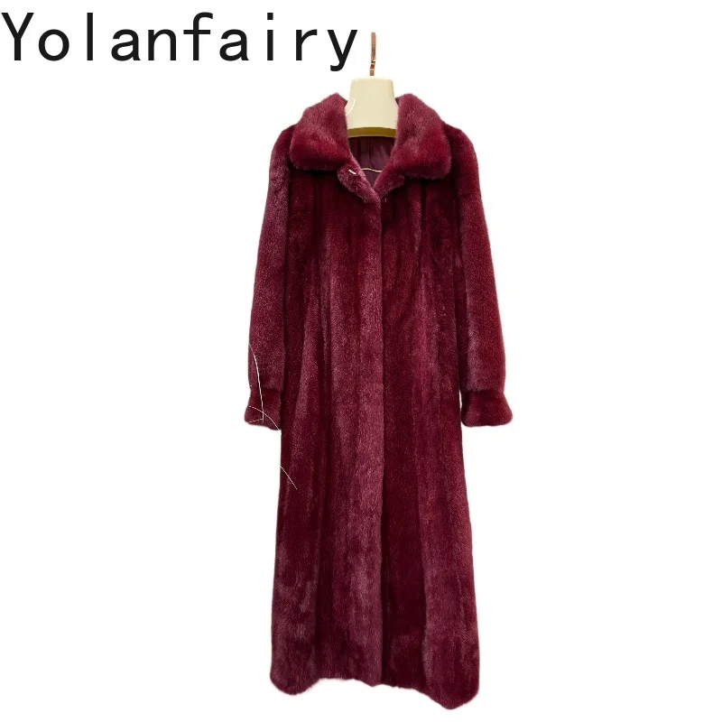 YOLANFAIRY 2025 معطف فرو منك طبيعي عالي الجودة ملابس نسائية شتوية طويلة فوق الركبة معاطف فرو منك حقيقي
