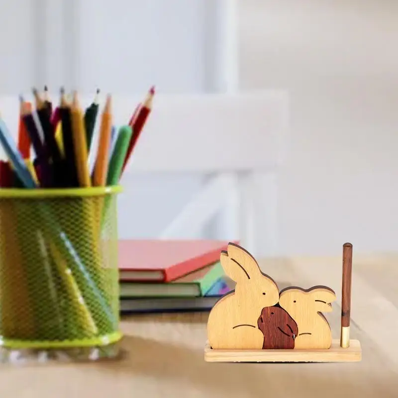 Wooden Rabbit Decor 3pcs Rabbits Cute Animal Puzzle And Desk Decor Wooden Animal Pen Holder With Pen And Base For Kids Room