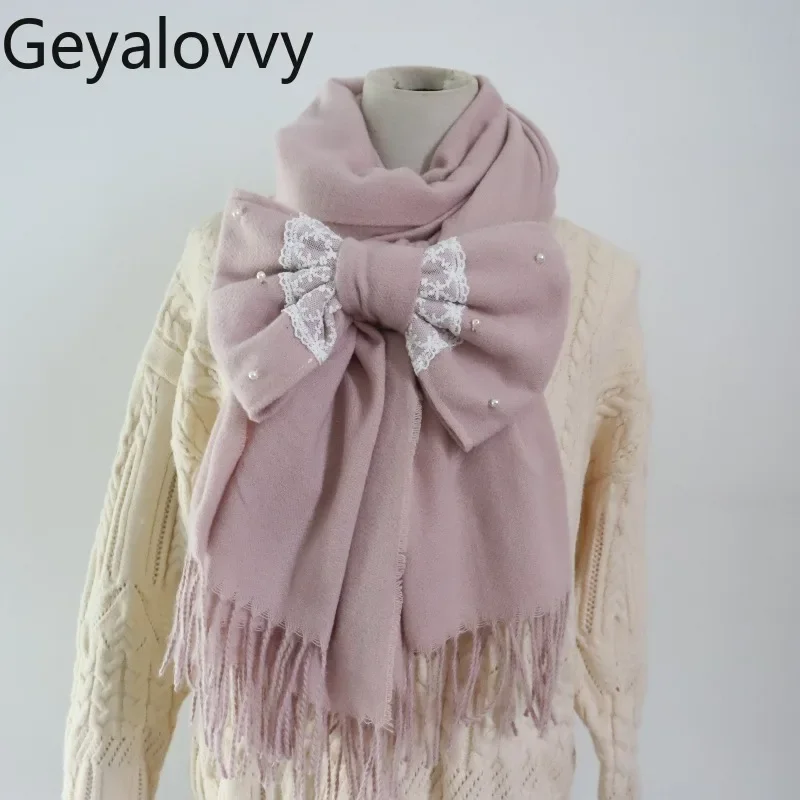 

Versatile Detachable Bow Girls Scarf Shawl Winter New Neck Warmers Japanese Style Sweet Lolita Lace Beaded Women's Scarves